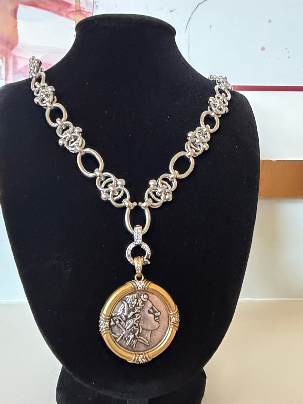 Two-Tone Silver and Gold Medallion Pendant Necklace - Women's Jewelry